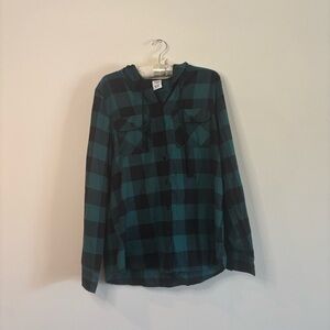 Tilly's Dark Teal and Black Hooded Flannel
